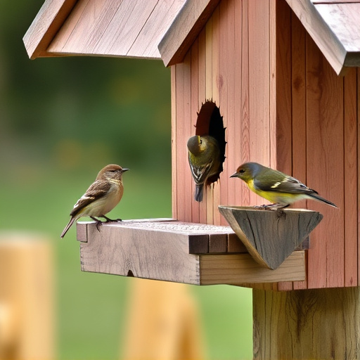 Small birds feeding on wooden station