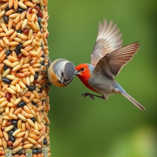 Small birds pecking at seed assortment