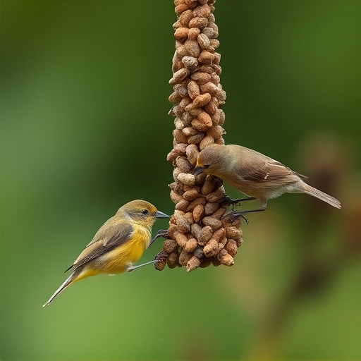 Small birds pecking at seed assortment