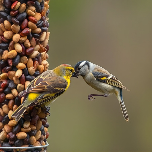 Small birds pecking at seed assortment