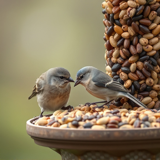 Small birds pecking at seed assortment