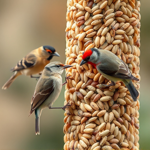 Small birds pecking at seed assortment