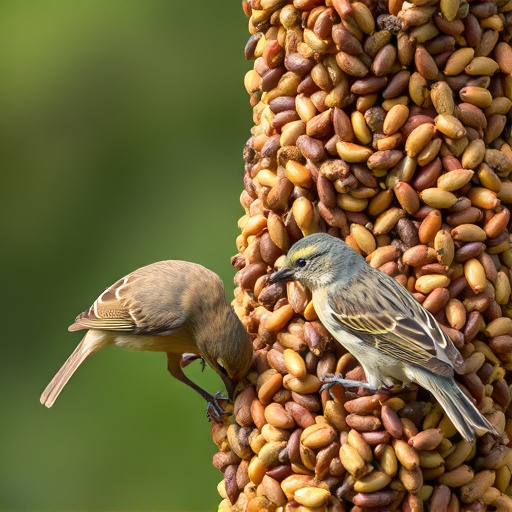 Small birds pecking at seed assortment