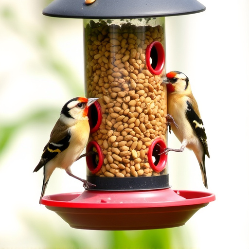 Small finches eating from garden feeder