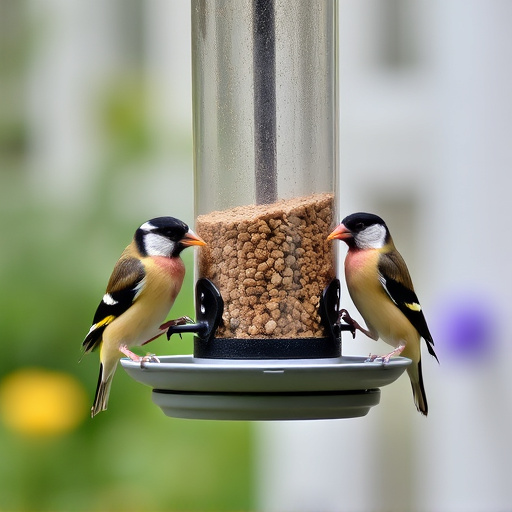 Small finches eating from garden feeder