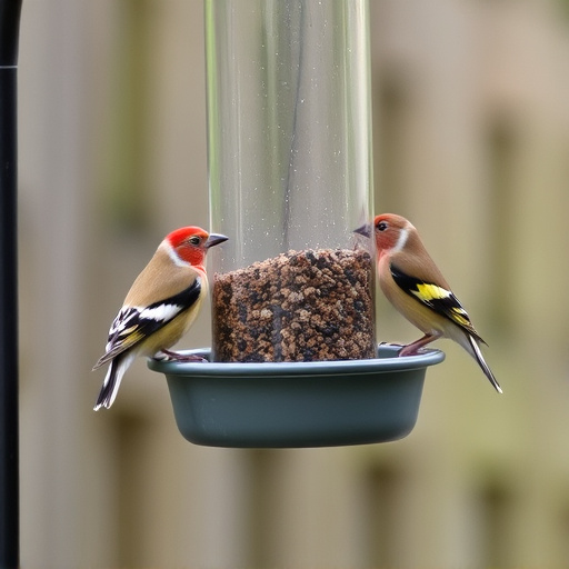 Small finches eating from garden feeder