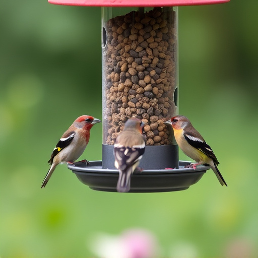 Small finches eating from garden feeder