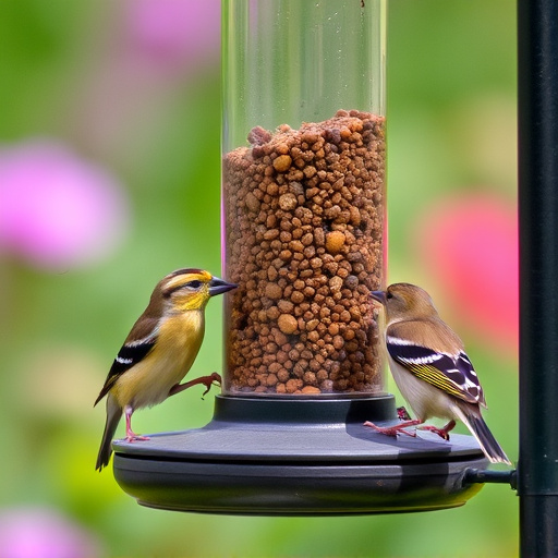 Small finches eating from garden feeder