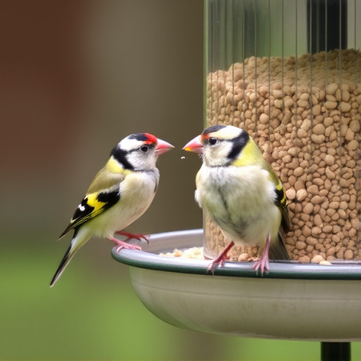 Small finches eating from garden feeder