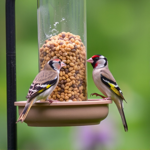 Small finches eating from garden feeder