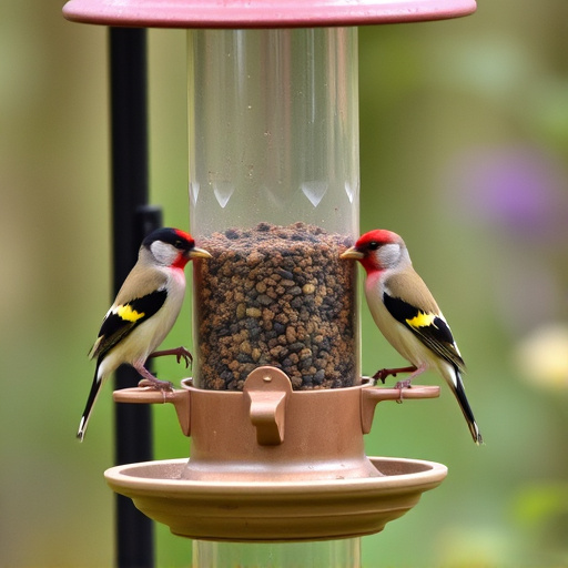 Small finches eating from garden feeder