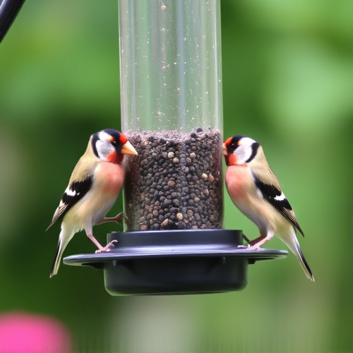 Small finches eating from garden feeder
