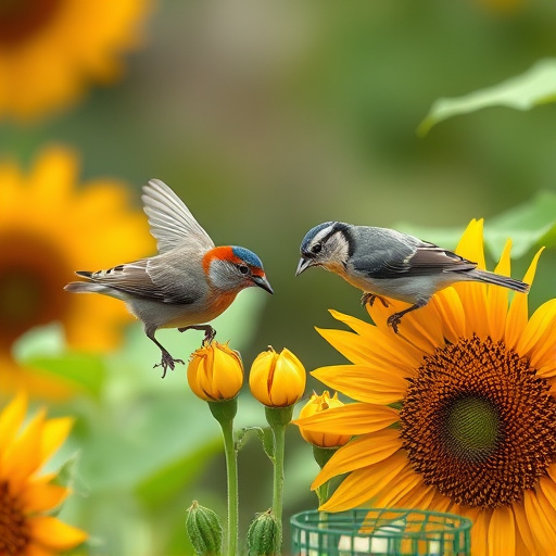 Small garden birds eating sunflower hearts