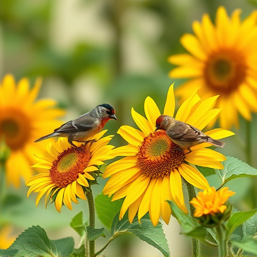 Small garden birds eating sunflower hearts