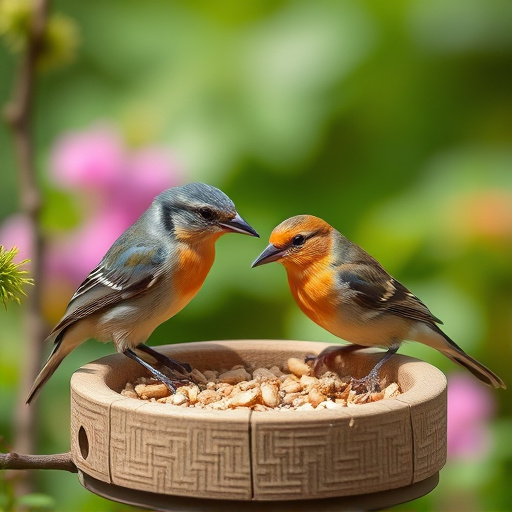 Small garden birds feeding together