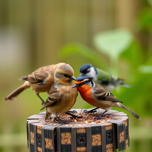 Small garden birds feeding together