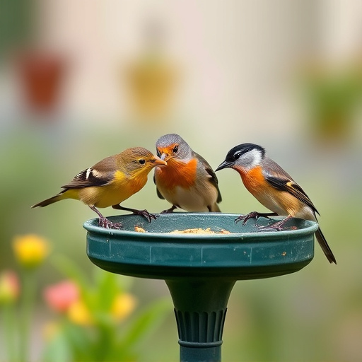 Small garden birds feeding together