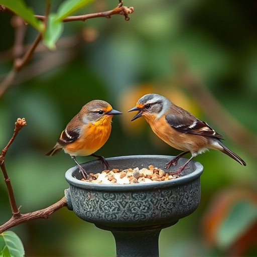 Small garden birds feeding together