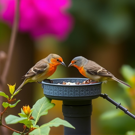 Small garden birds feeding together