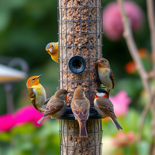 Small garden birds gathered around suet