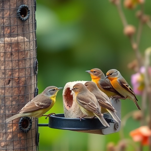 Small garden birds gathered around suet