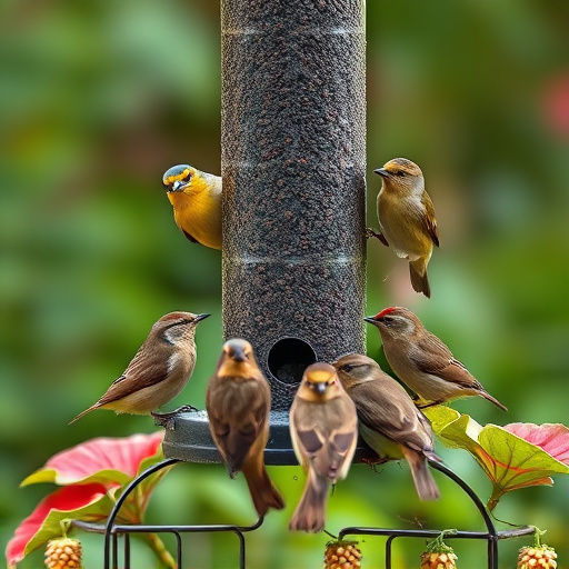 Small garden birds gathered around suet