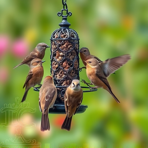 Small garden birds gathered around suet