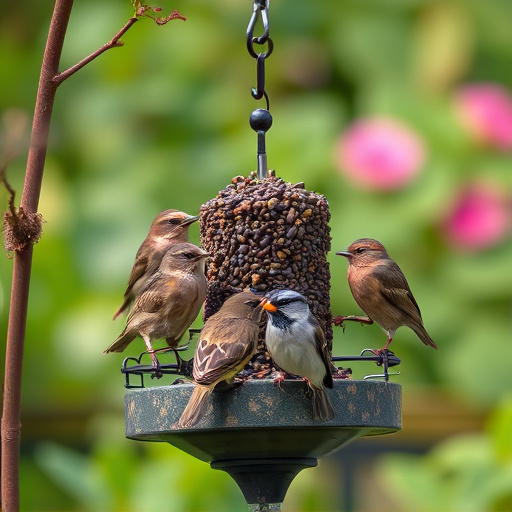 Small garden birds gathered around suet