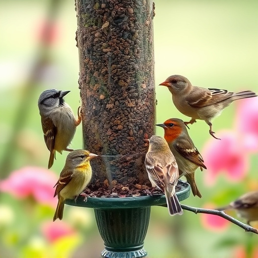 Small garden birds gathered around suet