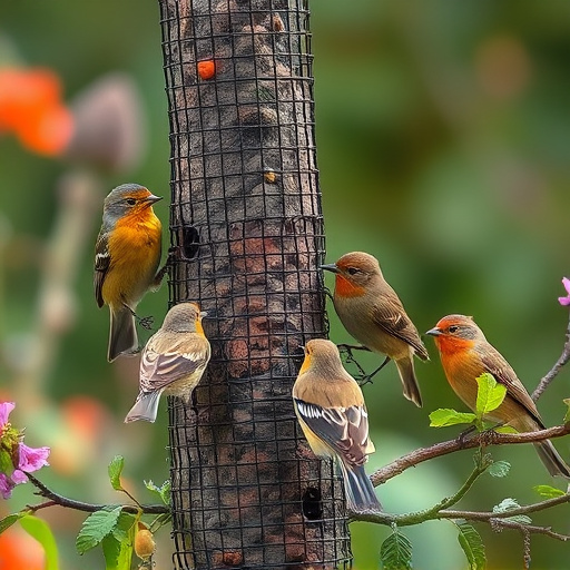 Small garden birds gathered around suet