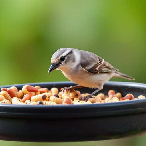 Small songbird feeding on mealworm tray