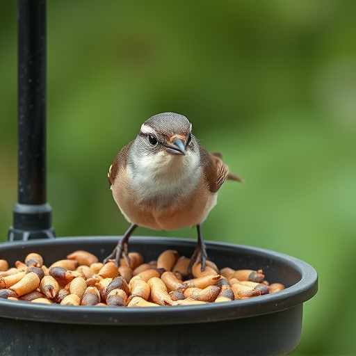 Small songbird feeding on mealworm tray