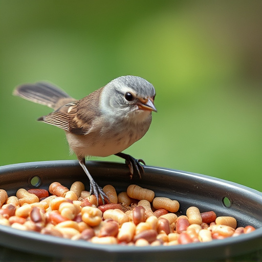 Small songbird feeding on mealworm tray