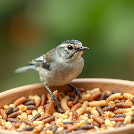 Small songbird feeding on mealworm tray