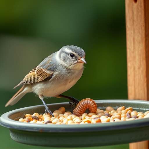 Small songbird feeding on mealworm tray