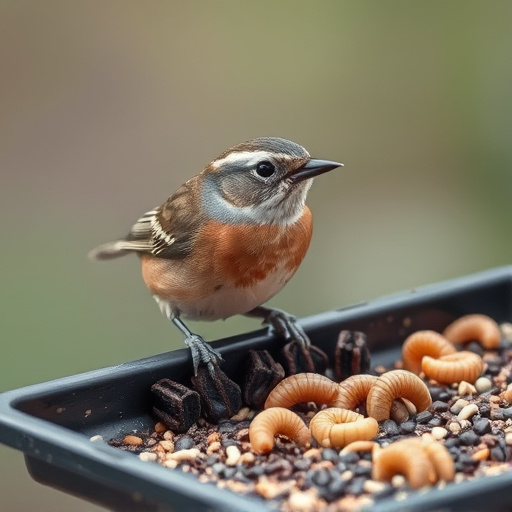 Small songbird feeding on mealworm tray