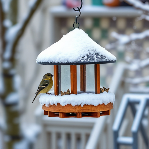Snow-covered weatherproof bird feeder scene