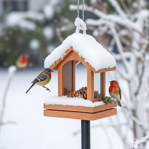 Snow-covered weatherproof bird feeder scene