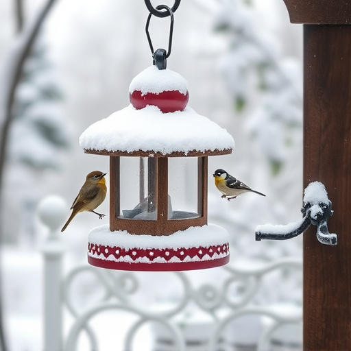 Snow-covered weatherproof bird feeder scene