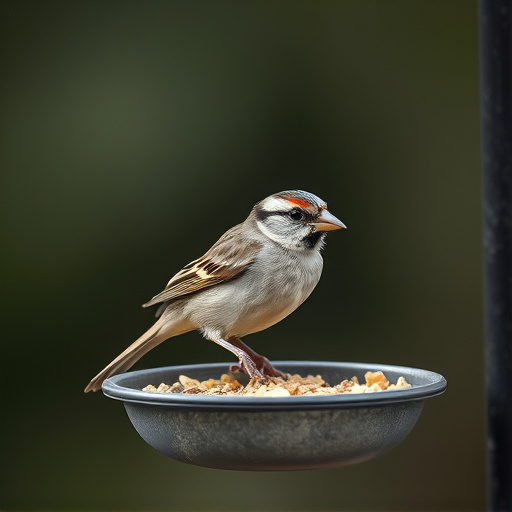 Sparrow clinging to hanging fat ball feeder