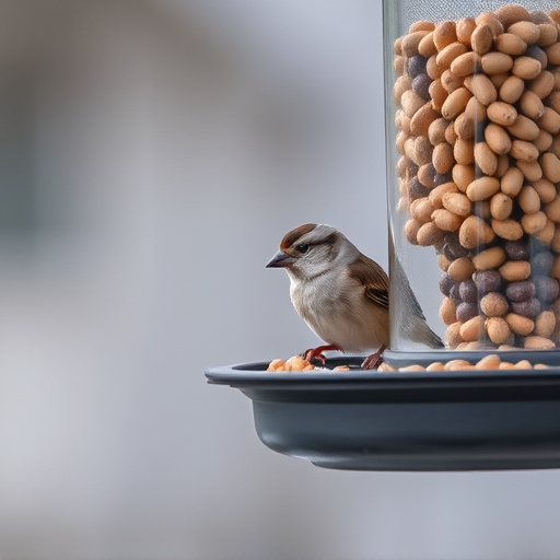 Sparrow clinging to hanging fat ball feeder