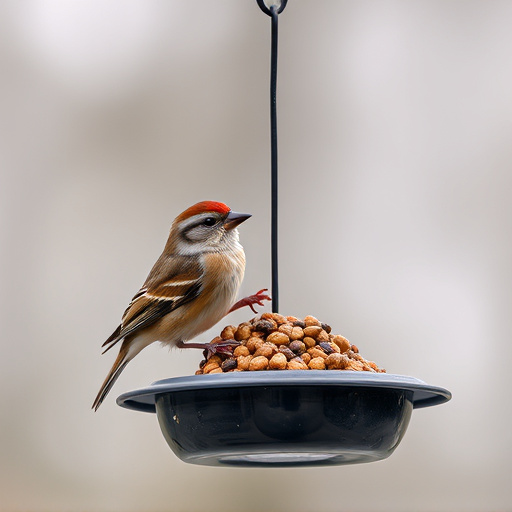 Sparrow clinging to hanging fat ball feeder