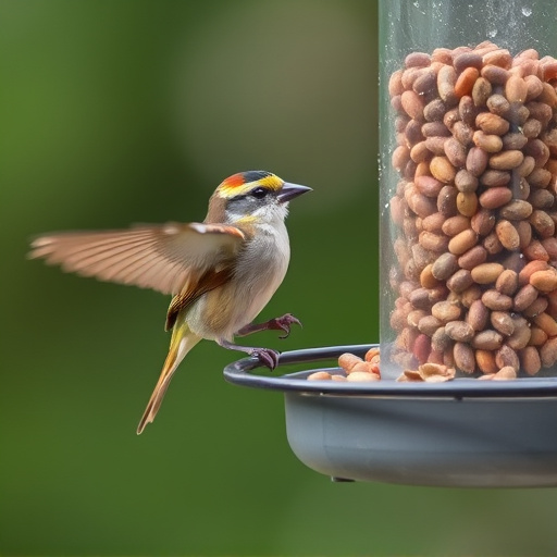 Sparrow clinging to hanging fat ball feeder