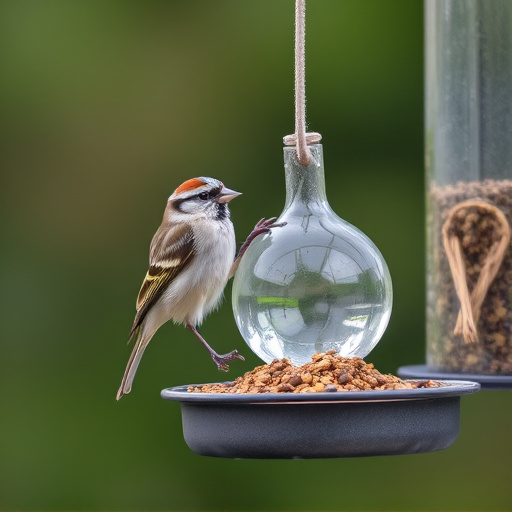 Sparrow clinging to hanging fat ball feeder