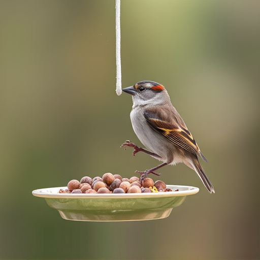 Sparrow clinging to hanging fat ball feeder
