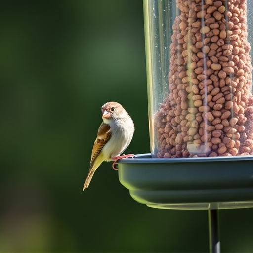 Sparrow clinging to hanging fat ball feeder