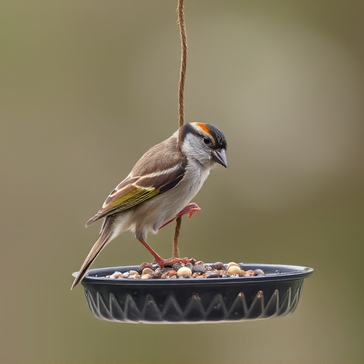 Sparrow clinging to hanging fat ball feeder