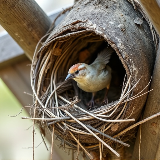 Sparrow leaving an abandoned nest