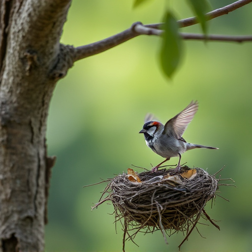 Sparrow leaving an abandoned nest