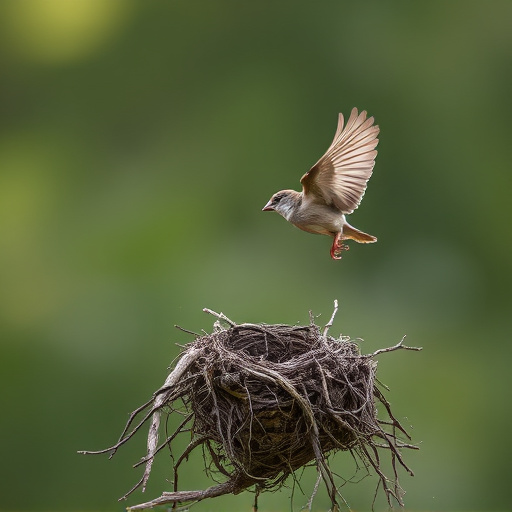Sparrow leaving an abandoned nest
